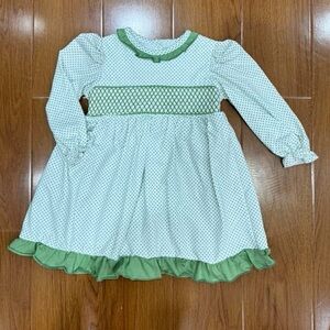 Green and White Smocked Bitty Dot Kids Dress